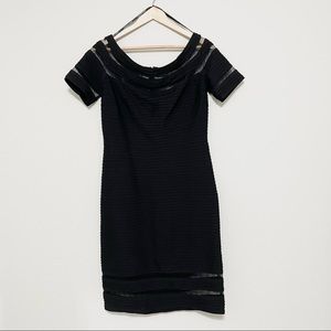 TADASHI SHOJI Black Bateau Neckline Shutter Pleated Short Sleeve Cocktail Dress